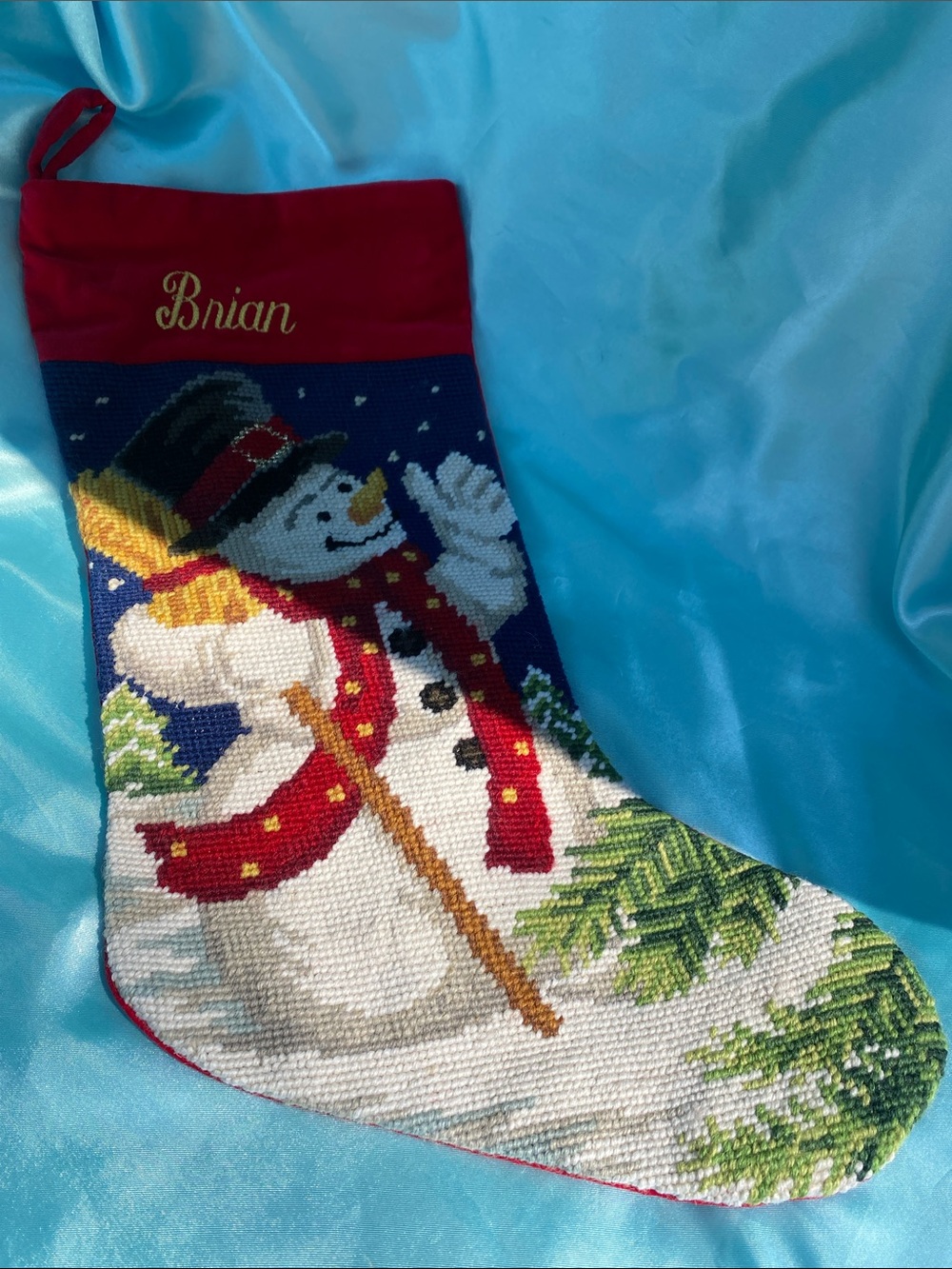 Personalized Red Snowman Needlepoint Holiday Stocking - Brian